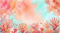 Watercolor coral reef underwater scene with vibrant pink orange and turquoise colors creating dreamy ocean floor landscape for marine themed designs.
