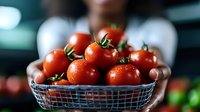 Fresh ripe red tomatoes in wire basket held by chef in professional kitchen. Organic vegetables for cooking healthy meals and culinary preparations.