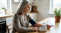 Senior Caucasian woman measuring blood pressure at home using digital monitor in bright kitchen, healthcare self-monitoring concept for mature adults.