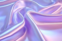 Smooth holographic satin fabric with iridescent pink and blue colors creating flowing waves and folds, luxury textile background with silky sheen effect.