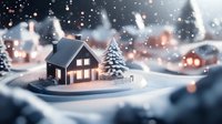 Cozy winter cabin with glowing windows in snowy landscape at dusk, surrounded by falling snow and bokeh lights creating magical holiday atmosphere.