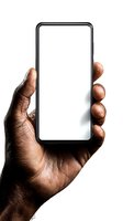 Dark-skinned male hand holding modern smartphone with blank white screen on isolated background, mockup for app or website design.