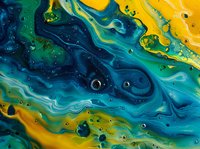 Abstract fluid art with swirling blue, green, and yellow paint creating a marbled effect resembling ocean waves and tropical landscapes.
