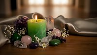 Green candle burning surrounded by healing crystals gemstones and dried flowers on wooden surface creating peaceful spa meditation atmosphere for wellness.