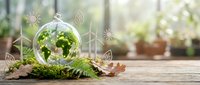 Glass terrarium with green plants and moss on wooden surface surrounded by eco-friendly sustainability icons representing renewable energy and environmental conservation.