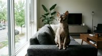 Adorable brown and white cat sitting on gray sofa in modern living room with large windows and natural light streaming in for pet lifestyle content.