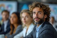Confident bearded businessman with curly hair listening attentively during corporate meeting with diverse colleagues in modern office conference room.