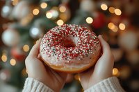 Hands holding festive donut with white glaze and red and silver sprinkles against blurred Christmas lights and decorations background. Sweet holiday treat.