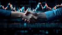 Business handshake against stock market chart background showing financial trading data and market analysis, symbolizing partnership and success.