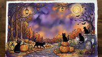 Spooky graveyard scene with black cats, jack-o-lanterns, bare trees, full moon, and flying bats at dusk. Festive Halloween artwork for seasonal decorations and holiday designs.