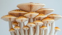 Fresh wild mushrooms with white stems and golden brown caps growing in cluster formation against light background, macro nature photography.
