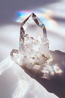 Clear quartz crystal cluster with rainbow light reflections and prismatic effects against soft white background, showing natural geometric formation and clarity.