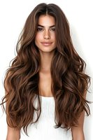 Young woman with long wavy brunette hair wearing white top against white background, showcasing voluminous hairstyle for beauty and fashion advertising.