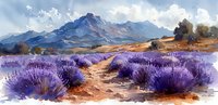 Watercolor landscape with purple lavender fields and winding path leading to majestic mountain range under cloudy summer sky, countryside scenery.