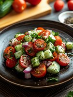 Fresh summer salad with juicy cherry tomatoes, crisp cucumber chunks, red onion slices, and herbs, garnished with black pepper and seasonings on dark plate.