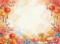 Lunar new year celebration background with red lanterns, golden coins, dragon, cherry blossoms, and peonies on cream watercolor. Festive design for greeting cards and seasonal promotions.