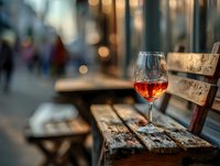 Glass of red wine on wooden table at outdoor restaurant terrace with warm evening bokeh lights creating romantic dining atmosphere for hospitality concepts.