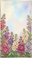 Watercolor floral border with pink, purple, and white blooms on soft pastel background, copy space for greeting cards and invitations.