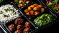 Meal prep containers with variety of dishes including rice, meatballs, roasted potatoes, vegetables and fresh herbs. Healthy balanced portions for weekly planning.