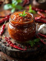 Spicy chili jam in glass jar with fresh herbs and red peppers on rustic wooden background for cooking and condiment recipes.