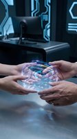 Two people exchange a glowing holographic disc in a futuristic sci-fi lab, symbolizing data transfer, innovation, and advanced technology.