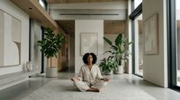 Woman with curly hair, medium skin tone, sitting in lotus position on floor in modern minimalist loft space with potted plants and natural light for wellness and meditation.