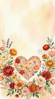 Watercolor floral heart arrangement with roses, peonies, and wildflowers in warm autumn tones on a soft peach background for cards.