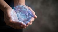 Male hands holding glowing digital globe with financial charts and data visualization, representing global business, investment, technology, and financial analysis concepts.