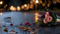 Wedding bouquet with pink and burgundy roses lying on wet asphalt with romantic bokeh lights in background, fallen petals create moody atmospheric composition.