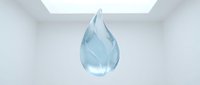 Transparent blue water drop floating in modern white interior room with natural lighting for clean design concepts.