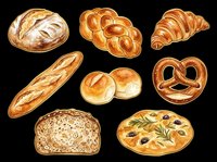 Assorted fresh baked bread and pastries isolated on transparent background. Includes croissant, pretzel, baguette, rolls, and focaccia. Ready for bakery designs, menus, and print projects.
