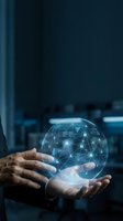 Businessman holding glowing digital globe with network security icons and padlock symbols, representing global data protection, cybersecurity infrastructure and encrypted communication technology.