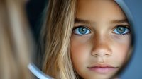 Young girl with striking blue eyes and freckles gazes directly at camera in dramatic lighting, blonde hair frames face naturally. Close up portrait shows innocence and natural beauty.