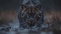 Powerful leopard with intense blue eyes crouching in dramatic lighting during snowfall, showcasing wild predator strength and hunting focus in winter conditions.
