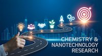 Hand pointing at glowing pathway with chemistry and nanotechnology research icons leading to target goal on blue technology background.