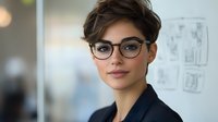 Young professional woman with short pixie haircut and stylish glasses smiling confidently in modern office environment. Blurred business sketches in background.