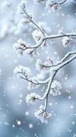 Delicate tree branches covered in fresh snow and frost against soft blue winter background with gently falling snowflakes creating peaceful seasonal atmosphere.