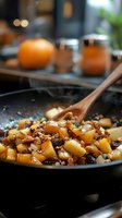Steaming hot diced potatoes with crispy bacon bits and herbs cooking in cast iron skillet, wooden spoon stirring savory breakfast hash browns.