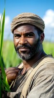 African farmer with traditional headwrap working in sugarcane field under blue sky. Agricultural worker portrait showcasing sustainable farming practices.