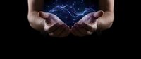 Cupped hands holding glowing blue electric energy with lightning bolts and sparks floating above palms against dark background for power concepts.