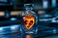 Glowing heart-shaped object suspended in glass bottle, emitting orange and red light against dark blue background.