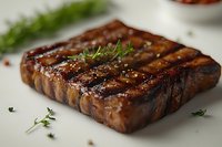 Grilled beef steak with grill marks and fresh thyme garnish on white plate, seasoned with black pepper and herbs, showing juicy medium-rare texture.