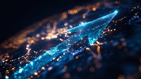 Glowing blue digital wave with orange light particles flowing on dark background, abstract technology network visualization for business presentations.