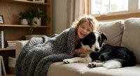 Young woman relaxing on couch with border collie dog in cozy living room. Happy pet owner cuddling with loyal companion at home during leisure time.