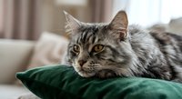 Adorable tabby cat with striking green eyes resting comfortably on emerald cushion in cozy living room setting for pet care and home decor concepts.