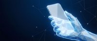Digital hand holding smartphone with glowing network connections on dark blue tech background for mobile app development and connectivity concepts.