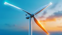 Wind turbine with glowing blades against dramatic sunset sky, showcasing renewable energy technology for environmental sustainability concepts.