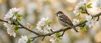 Sparrow perched on a blooming apple tree branch with white spring flowers in soft golden light, nature wildlife scene.