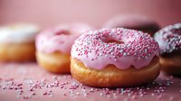 Fresh donuts with pink glaze and sprinkles on blurred background, selective focus. Sweet pastry closeup with soft bokeh effect creates appetizing dessert composition.