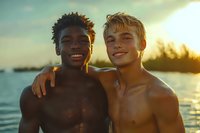 Two shirtless young male friends embracing and smiling at sunset by water, golden hour lighting creates warm atmosphere for lifestyle and friendship concepts.